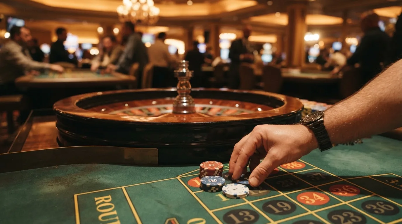 Roda de roleta e fichas sobre feltro verde, sob uma luz quente de fim de tarde — promoções de casino em portugal
