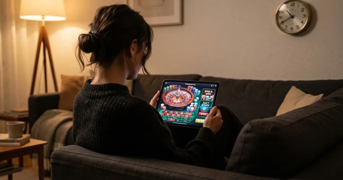 Pessoa num sofá a olhar pensativa para um tablet, com um relógio na parede atrás — promoções de casino em portugal