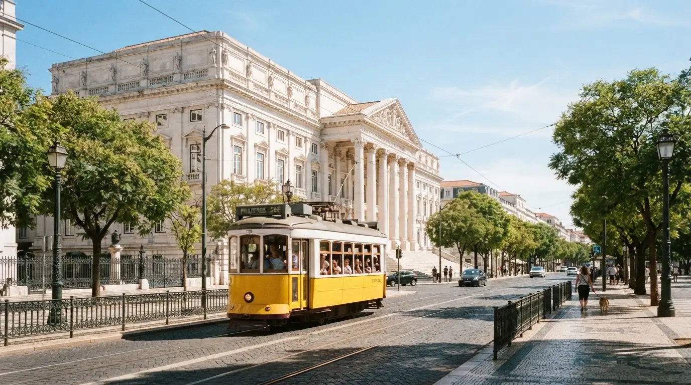 Edifício institucional de pedra com colunas junto a uma avenida lisboeta, céu limpo, elétrico amarelo ao longe, fotografia de rua.