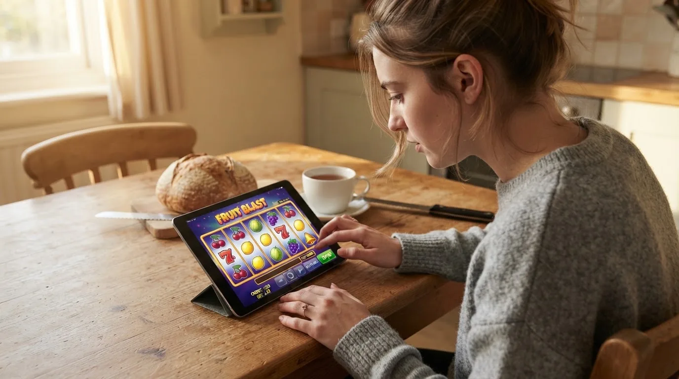 Jovem sentado à mesa da cozinha a explorar um tablet com ar curioso, chávena de chá e pão sobre a mesa, luz da manhã.