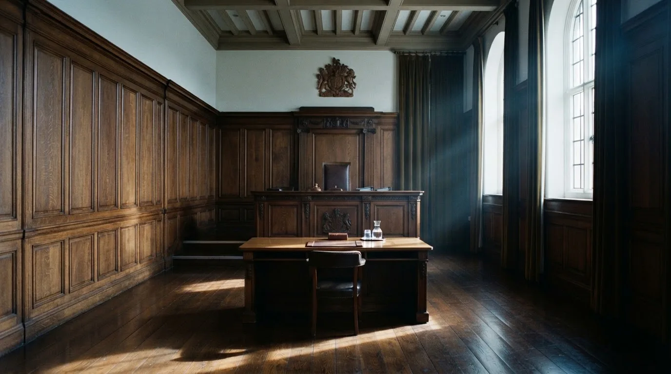 Sala de tribunal vazia com painéis de madeira, à luz da manhã — roleta americana em portugal