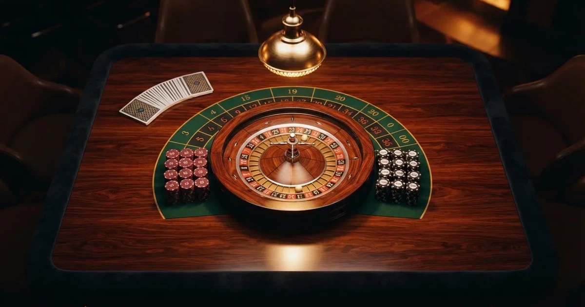 Mesa de jogo iluminada com cartas, vista de cima — roleta americana em portugal