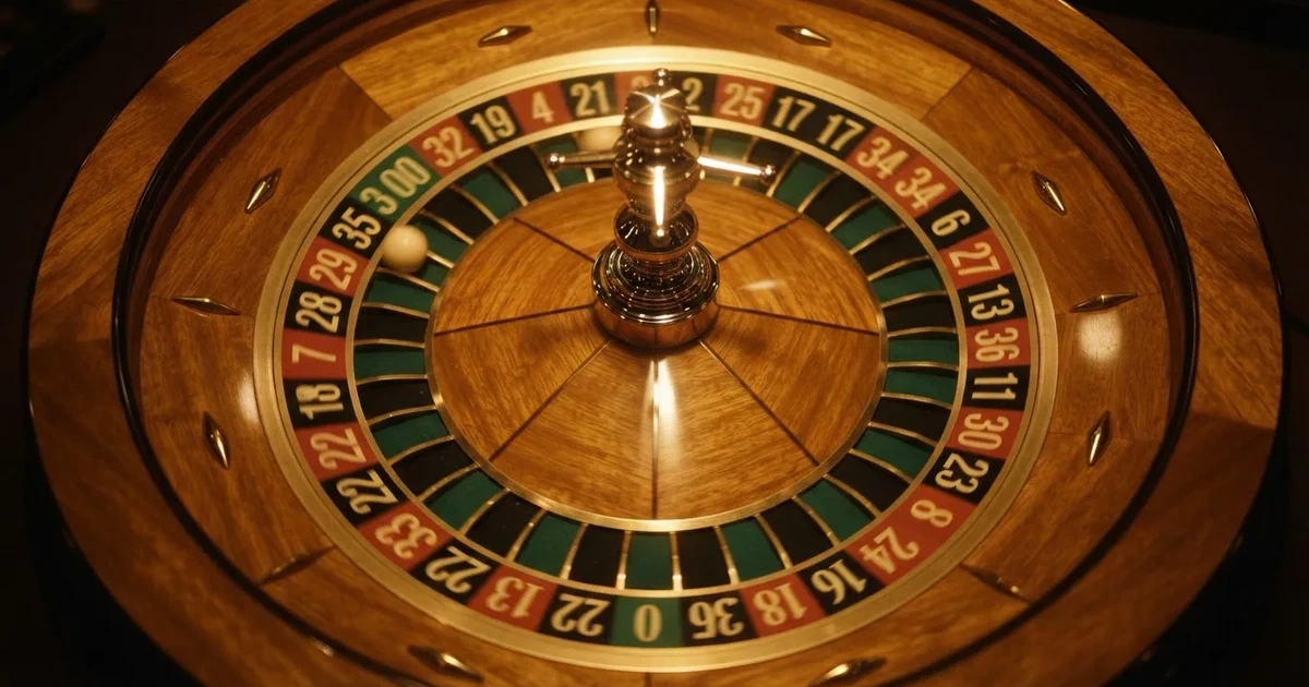 Roda de roleta em movimento fotografada de cima, com a bola a girar na pista e reflexos dourados nas bordas.