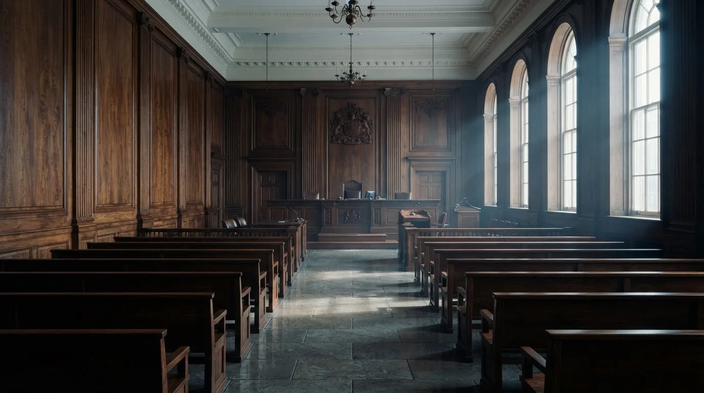 Sala de tribunal vazia com painéis de madeira, à luz da manhã — roleta casino em portugal