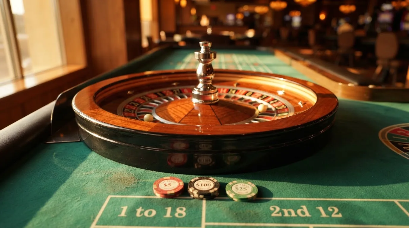 Roda de roleta e fichas sobre feltro verde, sob uma luz quente de fim de tarde — roleta casino em portugal