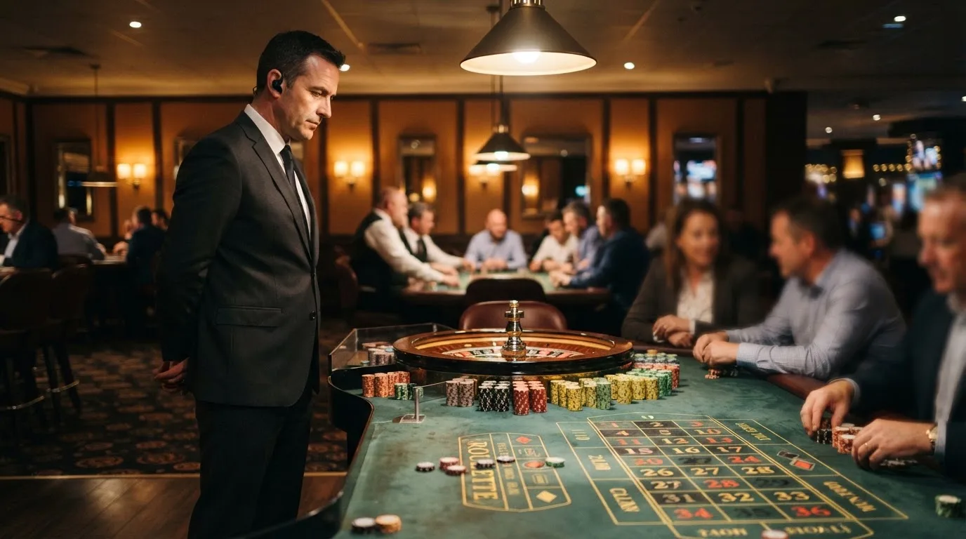 Fiscal de sala de casino de fato escuro a observar atentamente uma mesa de roleta, com jogadores desfocados ao fundo.