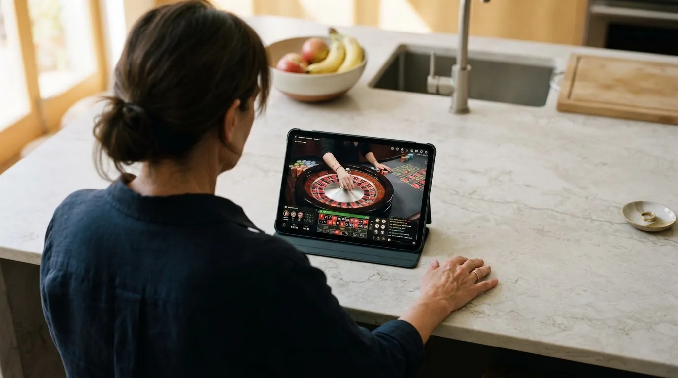 Jogador de meia-idade a ver uma transmissão de roleta num tablet, apoiado na bancada de uma cozinha moderna, com expressão atenta.