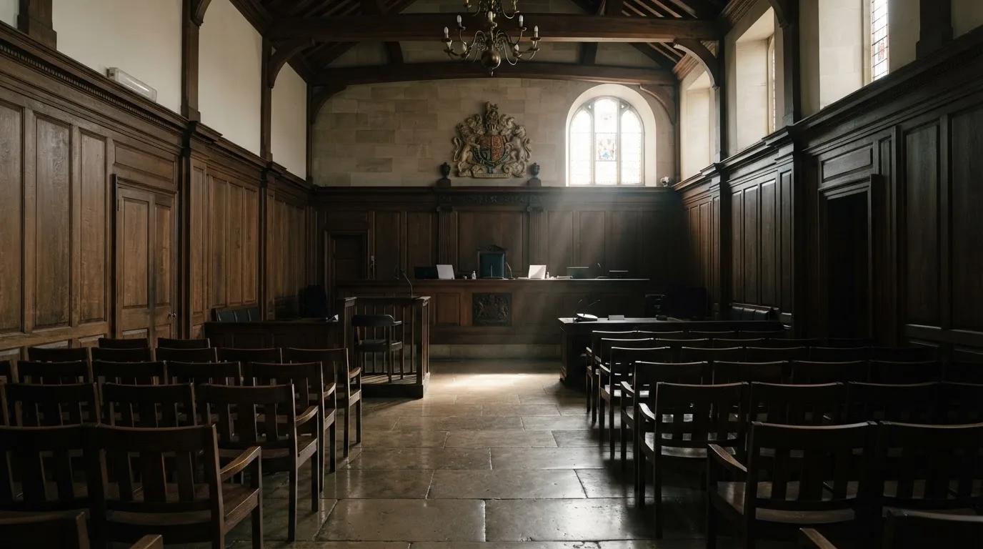 Sala de tribunal vazia com painéis de madeira, à luz da manhã — roleta francesa em portugal