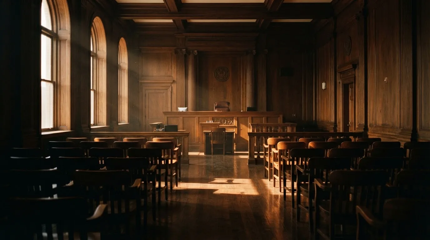 Sala de tribunal vazia com painéis de madeira, à luz da manhã — roleta grátis em portugal