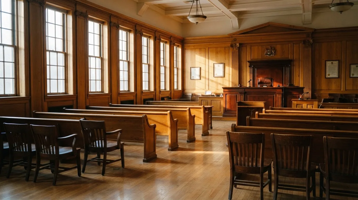 Sala de tribunal vazia com painéis de madeira, à luz da manhã — roleta online por dinheiro em portugal