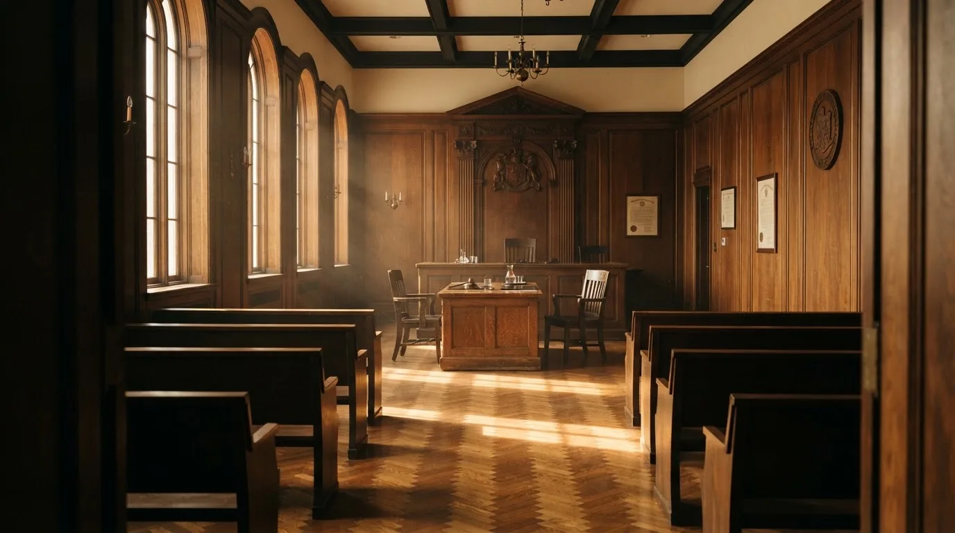 Sala de tribunal vazia com painéis de madeira, à luz da manhã — roleta virtual em portugal