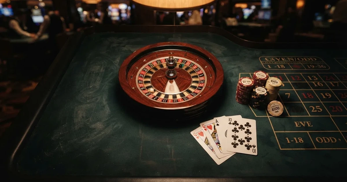 Mesa de jogo iluminada com cartas, vista de cima — roleta virtual em portugal