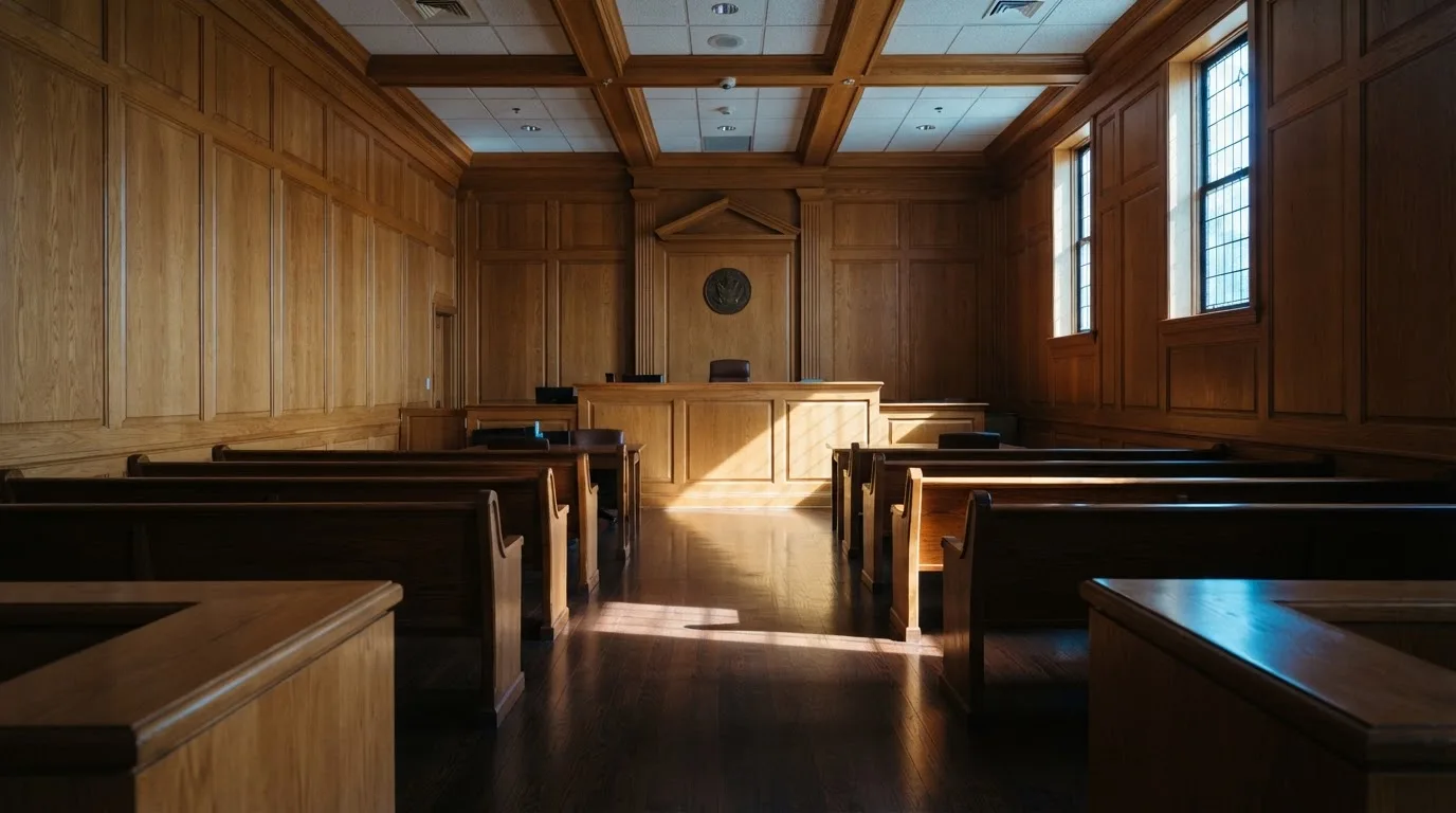Sala de tribunal vazia com painéis de madeira, à luz da manhã — sites de casino para os portugueses