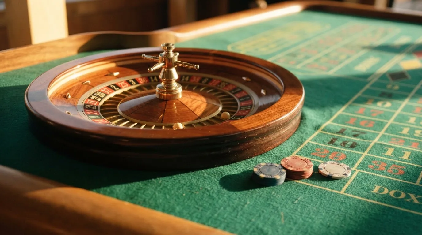 Roda de roleta e fichas sobre feltro verde, sob uma luz quente de fim de tarde — sites de casino para os portugueses