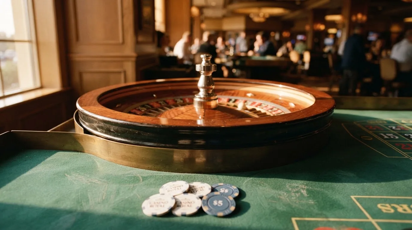 Roda de roleta e fichas sobre feltro verde, sob uma luz quente de fim de tarde — slot machines em portugal