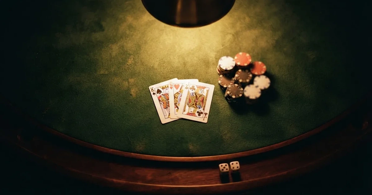 Mesa de jogo iluminada com cartas, vista de cima — slot machines em portugal
