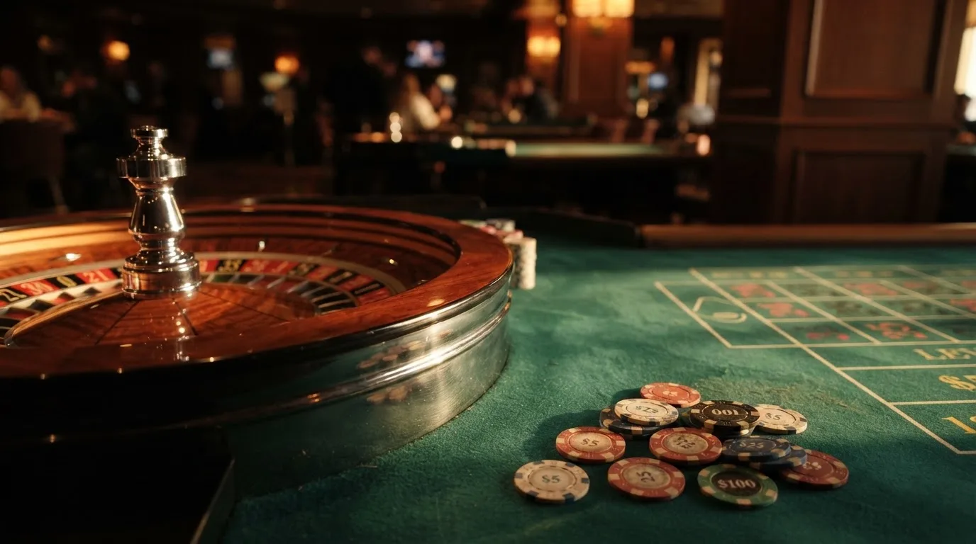 Roda de roleta e fichas sobre feltro verde, sob uma luz quente de fim de tarde — slots com bonus em portugal