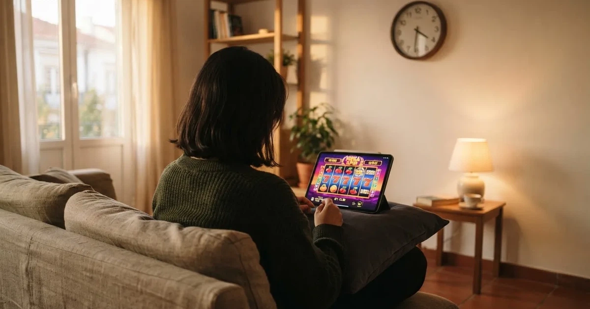 Pessoa num sofá a olhar pensativa para um tablet, com um relógio na parede atrás — slots com bonus em portugal