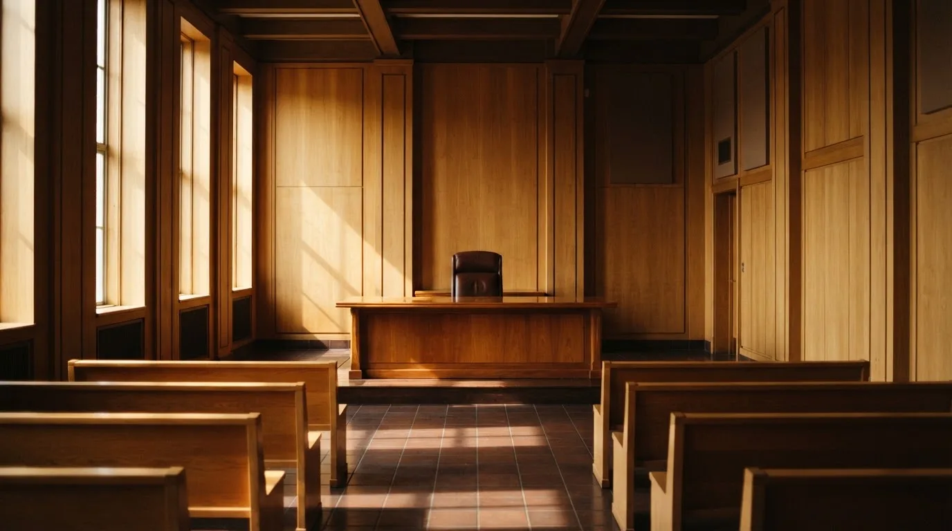 Sala de tribunal vazia com painéis de madeira, à luz da manhã — slots demo em portugal