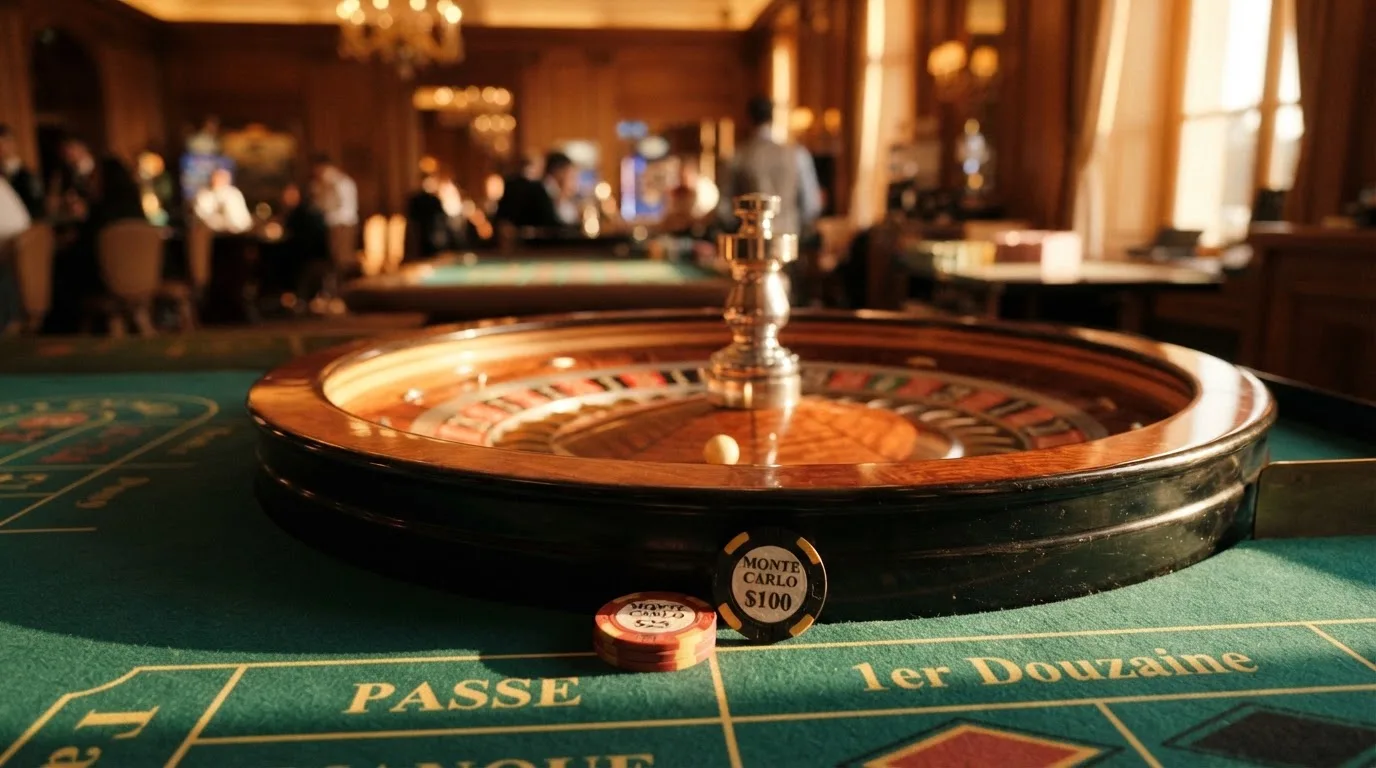 Roda de roleta e fichas sobre feltro verde, sob uma luz quente de fim de tarde — slots demo em portugal