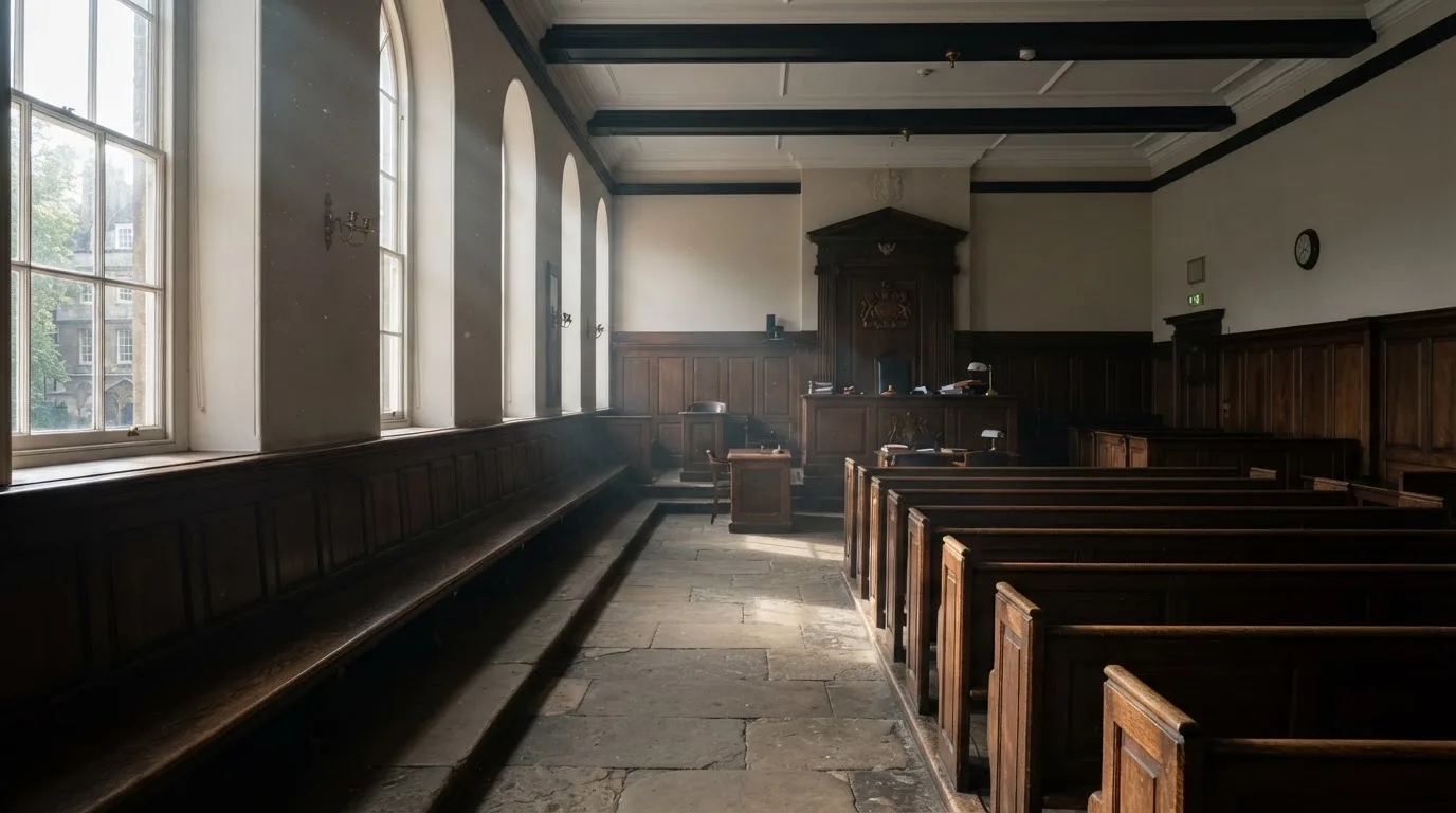 Sala de tribunal vazia com painéis de madeira, à luz da manhã — slots grátis em portugal