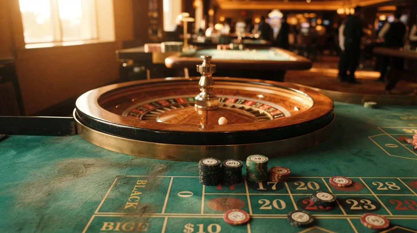 Roda de roleta e fichas sobre feltro verde, sob uma luz quente de fim de tarde — slots grátis em portugal