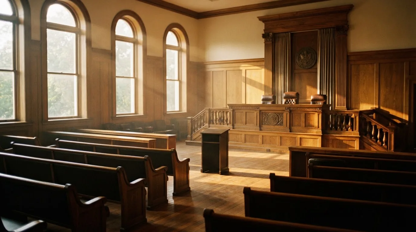 Sala de tribunal vazia com painéis de madeira, à luz da manhã — slots por dinheiro em portugal
