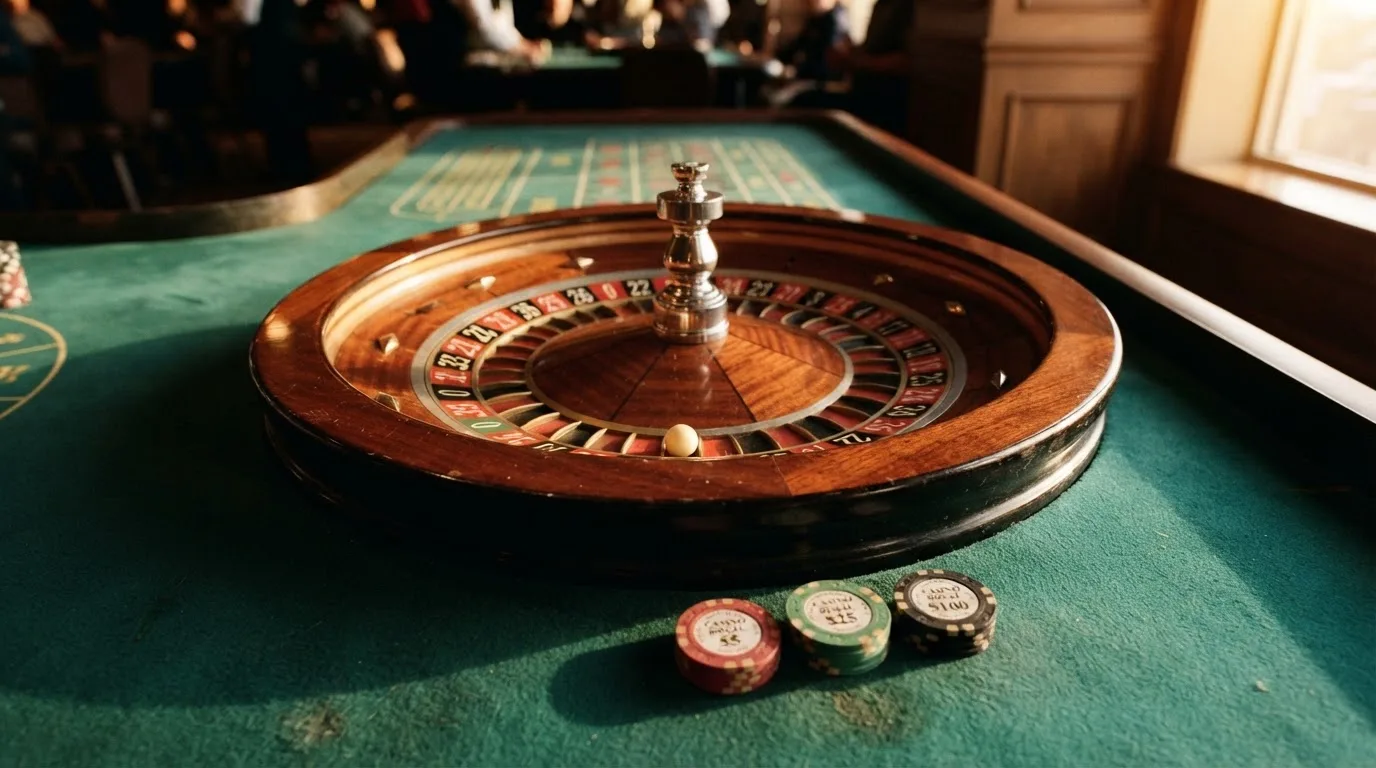 Roda de roleta e fichas sobre feltro verde, sob uma luz quente de fim de tarde — slots por dinheiro em portugal