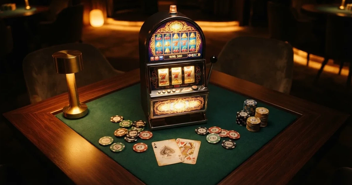 Mesa de jogo iluminada com cartas, vista de cima — slots por dinheiro em portugal