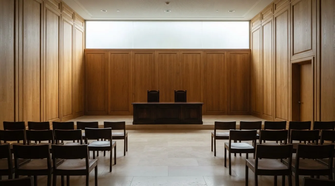 Sala de tribunal vazia com painéis de madeira, à luz da manhã — tabelas de blackjack em portugal