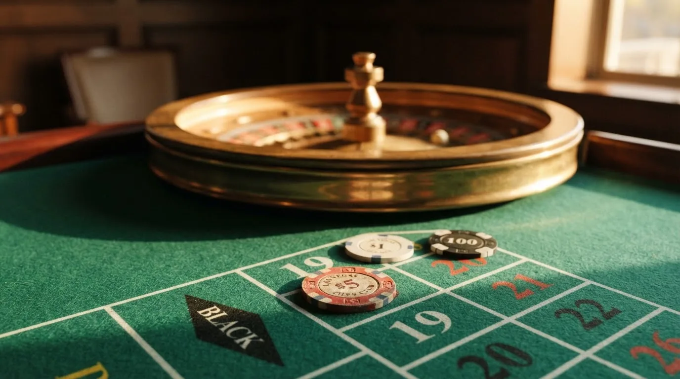 Roda de roleta e fichas sobre feltro verde, sob uma luz quente de fim de tarde — tabelas de blackjack em portugal