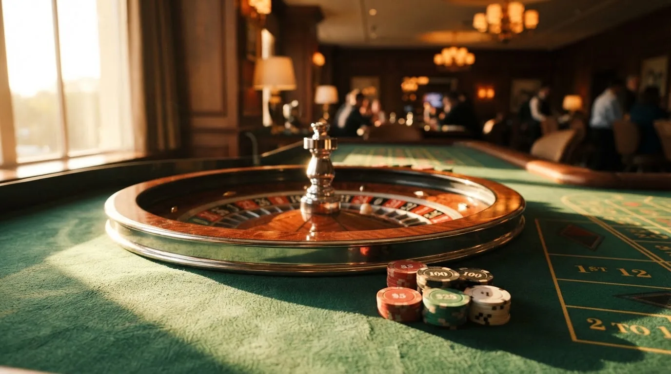 Roda de roleta e fichas sobre feltro verde, sob uma luz quente de fim de tarde — top casinos em portugal