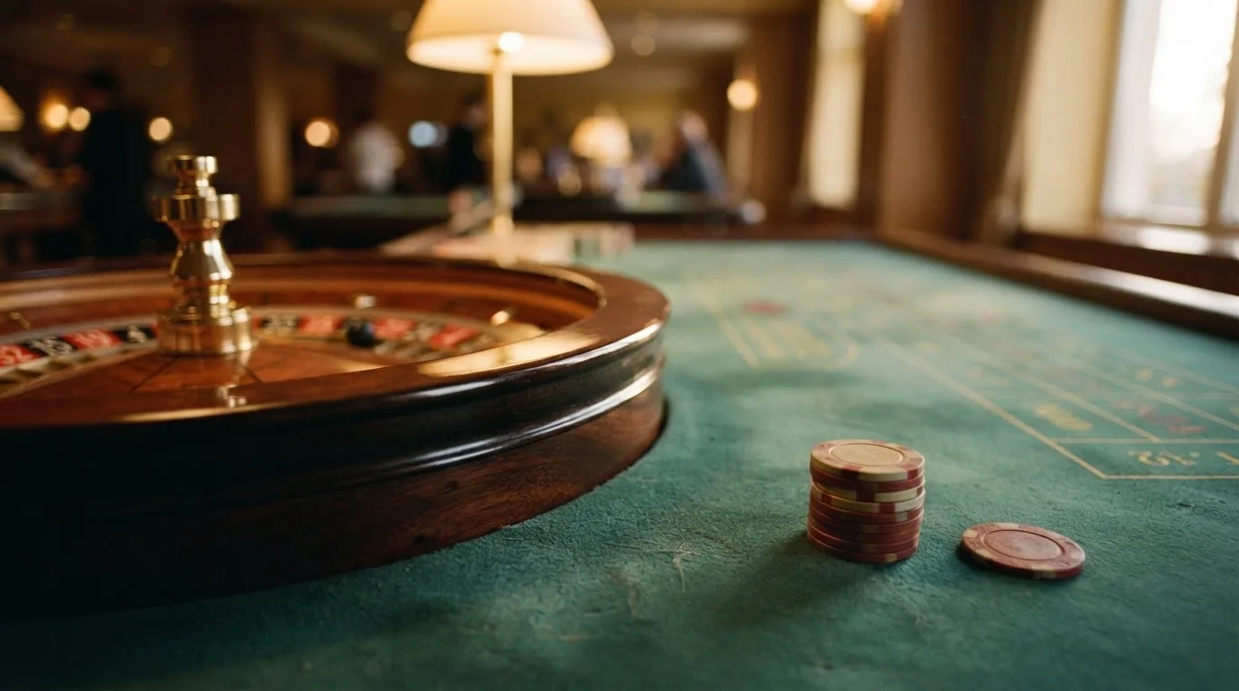 Roda de roleta e fichas sobre feltro verde, sob uma luz quente de fim de tarde — truques de casino em portugal